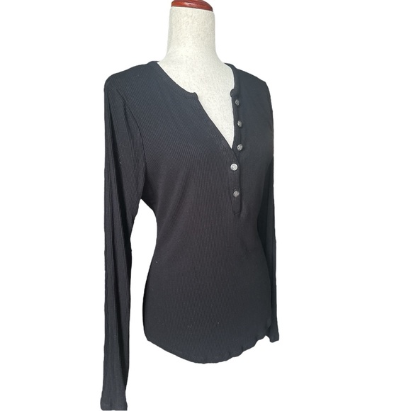 White House Black Market (WHBM) Black Ribbed Henley Long Sleeve Top - Size M - Picture 2 of 7
